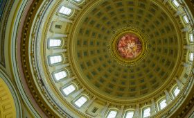 Looking up at the inside of the dome from the ground floor. Photos from a walk through the State Capitol in Madison, Wisconsin.