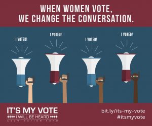 Mutli-racial hands holding up microphones shouting "I Voted!" Vector graphic When Women Vote We Change Conversation. #itsmyvote